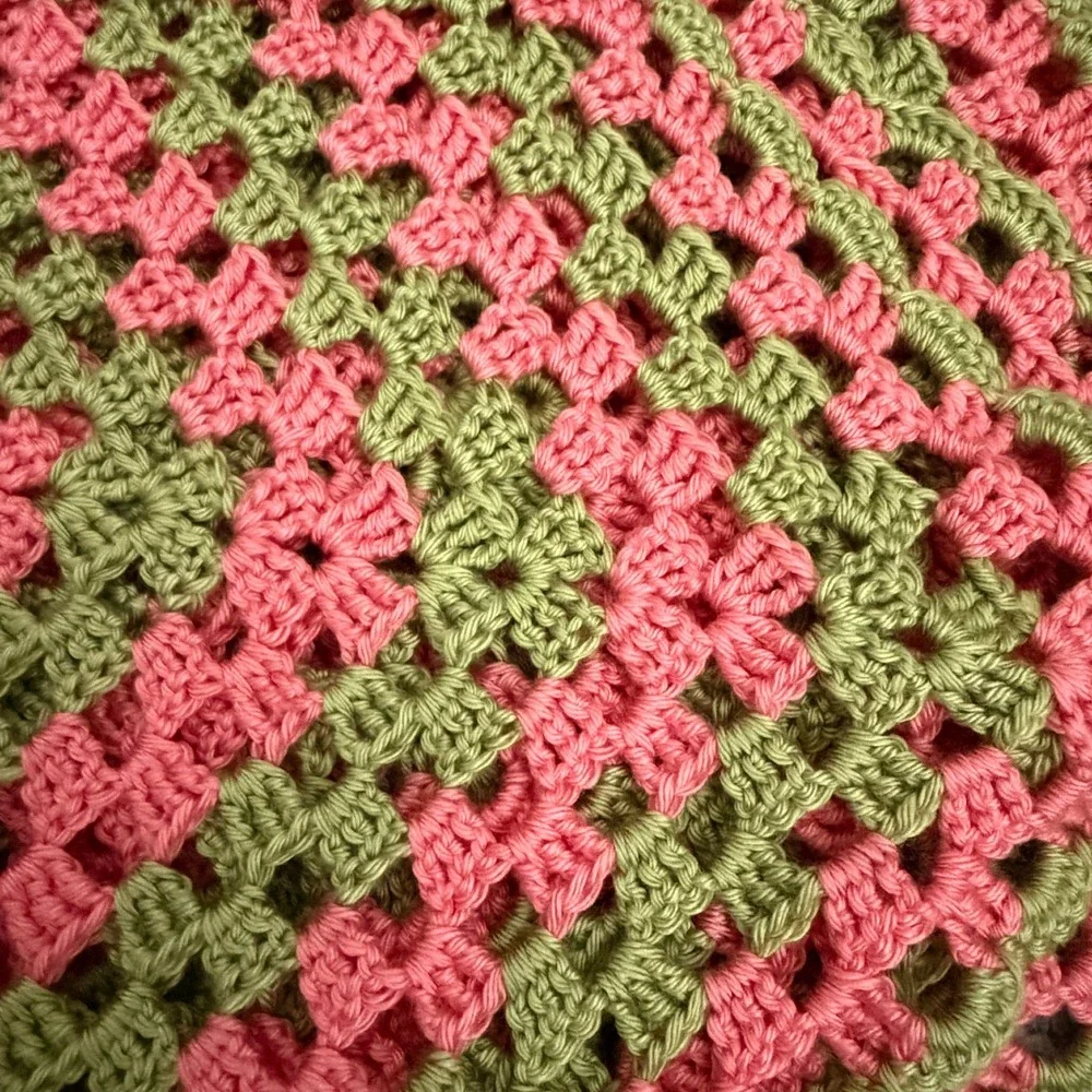 Handmade Pink Green Granny Square Crochet Throw Blanket 29x33 Cottagecore Boho